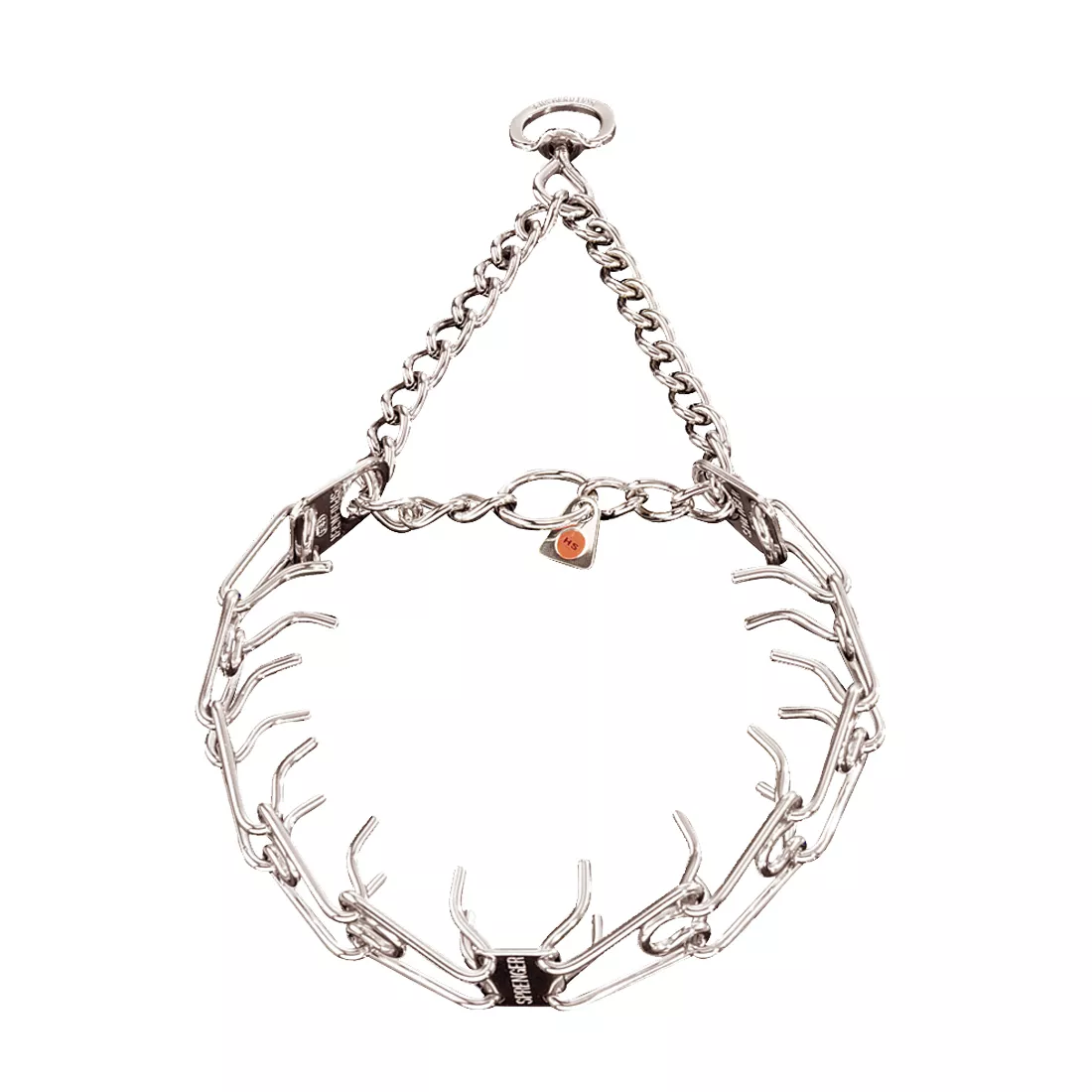 A stainless steel ULTRA‑PLUS prong dog training collar is shown against a white background. The collar features inward‑curving stainless prong links arranged evenly around the ring. A center‑plate with flat angled edges connects the left and right prong sections. Above the plate is an assembly chain made of polished oval links, forming a triangular shape that terminates in a single circular stainless steel ring. A small orange tag is attached to one of the prong links near the lower portion. The metal surfaces have a bright reflective finish.