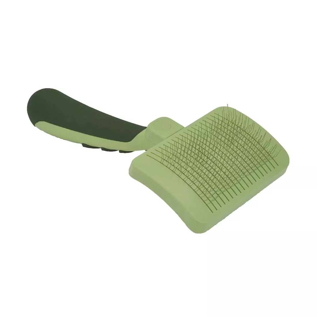 A pale green self‑cleaning slicker brush is displayed against a white background. The brush has a rectangular head with fine metal bristles and a pale green handle with darker green textured grip areas. A small actuator button is centered behind the brush head.
