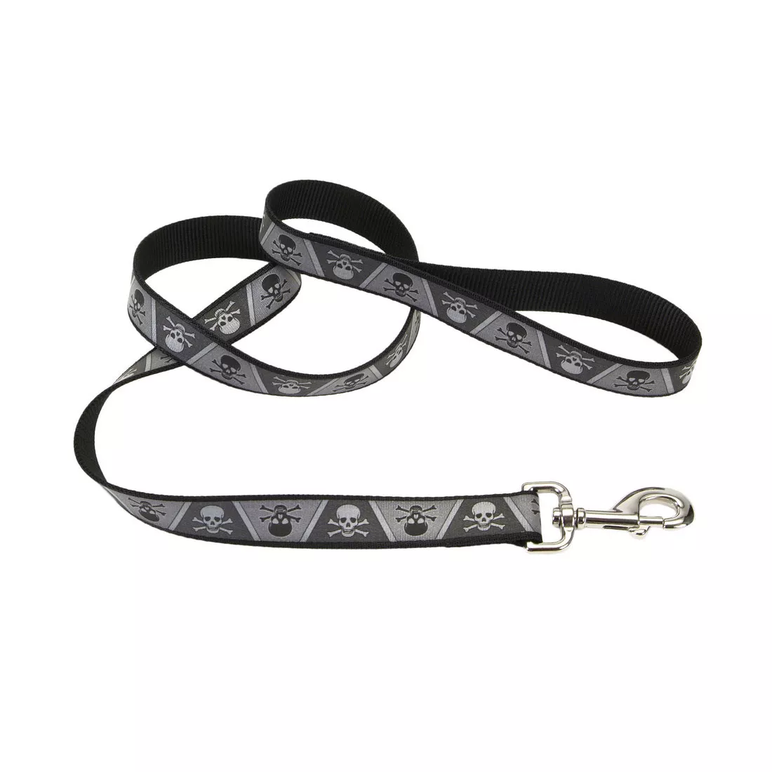 A reflective dog leash is displayed coiled against a white background. The leash strap is black webbing with a light‑gray reflective strip layered on top. The reflective strip features a repeating laser‑etched skull and crossbone. A silver metal swivel snap is attached at one end with a reinforced seal.