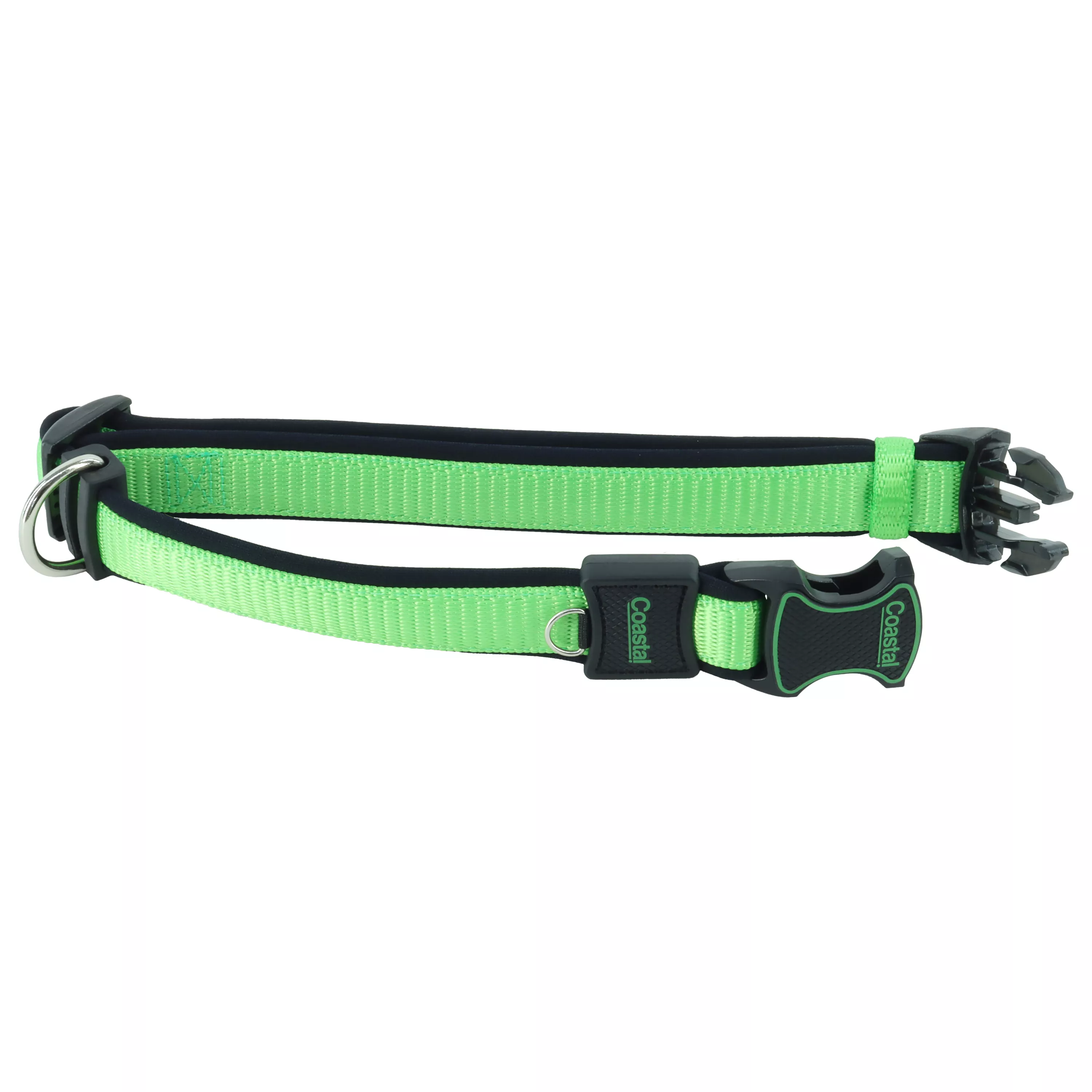 A green adjustable dog collar is displayed against a white background. The collar is made of woven green material with black trim and a black padded underside. A black plastic side‑release buckle joins the ends of the strap. A small silver metal ring positioned next to the buckle is designed for attaching ID tags. A silver floating D‑ring, which moves freely along the collar strap, is attached opposite the buckle area. A black plastic slider adjusts the collar length.